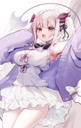 1girl ayuma_sayu bow breasts cleavage cleavage_cutout clothing_cutout demon_girl demon_horns demon_tail dress grey_hair hair_between_eyes hair_ribbon headphones headphones_around_neck highres horns indie_virtual_youtuber jacket long_hair open_clothes open_jacket open_mouth purple_jacket ribbon short_dress sidelocks sleeves_past_fingers sleeves_past_wrists suou_patra suou_patra_(7th_costume) tail twintails virtual_youtuber white_bow white_dress yellow_eyes