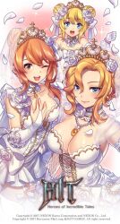 2017 3girls :d ;d anika_(heroes_of_incredible_tales) bad_facebook_id bad_id bare_shoulders between_breasts blonde_hair blue_eyes blush breasts bridal_veil character_request cleavage collarbone company_name copyright_name copyright_notice detached_sleeves dress elbow_gloves female_focus fishnet_sleeves fishnets flower gloves hair_flower hair_ornament hand_on_own_chest heroes_of_incredible_tales highres jewelry kiki_(heroes_of_incredible_tales) large_breasts lena_(heroes_of_incredible_tales) long_hair looking_at_viewer medium_breasts multiple_girls navel necklace nexon non-web_source official_art one_eye_closed open_mouth orange_eyes orange_hair pointy_ears small_breasts smile strapless strapless_dress teeth upper_teeth_only veil wedding_dress white_dress white_gloves