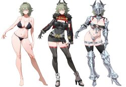1girl absurdres alternate_costume ankle_boots armor armored_boots armored_gloves barefoot bikini bikini_armor black_bikini black_horns black_skirt black_thighhighs blush boots breasts caesar_king_(zenless_zone_zero) cleavage closed_mouth commentary contrapposto full_body fur-trimmed_jacket fur_trim great_helm green_hair hair_intakes high_heel_boots high_heels highres horns jacket large_breasts legs long_hair looking_at_viewer miniskirt navel o-ring o-ring_top shoulder_armor simple_background skirt smile spiked_jacket standing swimsuit thighhighs thighs white_background white_boots wonbin_lee yellow_eyes zenless_zone_zero
