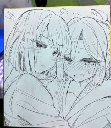 2girls :t ahoge amano_mitara anyoji_hime averting_eyes blunt_bangs blunt_ends blunt_sidelocks blush bob_cut closed_mouth commentary_request curtained_hair flustered flying_sweatdrops greyscale hair_intakes hasu_no_sora_school_uniform highres hood hooded_jacket jacket link!_like!_love_live! long_hair long_sleeves looking_at_viewer love_live! momose_ginko monochrome multi-tied_hair multiple_girls nervous_sweating nose_blush open_clothes open_jacket open_mouth photo_(medium) ponytail pout protecting puff_of_air sailor_collar school_uniform shikishi short_hair sidelocks signature sweat traditional_media upper_body v-shaped_eyebrows virtual_youtuber winter_uniform yuri