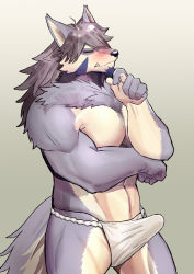 1boy abs animal_ears bara beige_fur blush bulge daikaijuu_monogatari erection erection_under_clothes facial_hair fang feet_out_of_frame fundoshi furry furry_male goatee hair_between_eyes japanese_clothes large_pectorals long_hair male_focus mature_male muscular muscular_male navel navel_hair pectoral_lift pectorals ryulabo solo stomach stroking_beard temujin_(housamo) thick_thighs thighs tokyo_houkago_summoners topless_male underwear underwear_only wolf_boy wolf_ears