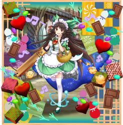 1girl :d ahoge alternate_costume apron arm_cannon asymmetrical_footwear basket bird bird_wings black_wings bow breasts brown_hair building cape chick chocolate dress egg enmaided fang food frilled_dress frills full_body game_cg green_bow green_dress green_shoes hair_bow heart highres large_breasts leg_up long_hair looking_at_viewer maid maid_headdress mary_janes mismatched_footwear musical_note name_tag official_art open_mouth outdoors puffy_short_sleeves puffy_sleeves red_eyes reiuji_utsuho reiuji_utsuho_(palace_of_the_earth_spirits&#039;_feathered_helper) rotte_(1109) shoes short_sleeves smile solo standing standing_on_one_leg starry_sky_print sweatdrop thighhighs third-party_source third_eye third_eye_on_chest touhou touhou_lostword transparent_background very_long_hair weapon white_apron white_thighhighs wings
