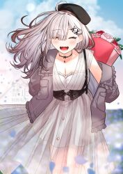 1girl ahoge blush breasts corset dress embroidered frilled_corset frills gomo grey_hair hair_ornament hair_over_one_eye hat highres large_breasts long_hair looking_at_viewer mole mole_under_eye nijisanji open_mouth simple_background smile solo sukoya_kana sukoya_kana_(5th_costume) virtual_youtuber x x_hair_ornament