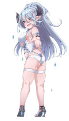 1girl ass bare_shoulders bikini blue_hair blush breasts butt_crack draph eyes_visible_through_hair female_focus flower from_behind full_body granblue_fantasy hair_between_eyes hair_flower hair_ornament high_heels highleg highleg_bikini highres horns izmir izmir_(summer)_(granblue_fantasy) large_breasts layered_swimsuit long_hair looking_at_viewer mole mole_under_mouth one-piece_swimsuit open_mouth pink_lips pointy_ears red_eyes skindentation solo spicy_moo standing swimsuit thigh_strap thighs very_long_hair whale_tail_(clothing) white_bikini white_one-piece_swimsuit