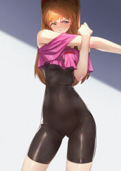 1girl :/ alternate_costume black_unitard breasts brown_hair cameltoe covered_navel crop_top crop_top_overhang gluteal_fold highres long_hair looking_to_the_side neon_genesis_evangelion off_shoulder official_alternate_costume qingmingtongzi shiny_clothes shiny_skin solo souryuu_asuka_langley standing stretching thigh_gap tsundere unitard wide_hips