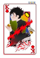 1boy absurdres alternate_form artist_name ball black_hair black_jacket card card_(medium) club_(shape) commentary dandadan english_commentary gakuran gaulaix glasses glint highres holding holding_ball jacket king_(playing_card) king_of_clubs long_sleeves male_focus multicolored_hair playing_card profile red_hair round_eyewear school_uniform short_hair solo symmetry takakura_ken_(dandadan) takakura_ken_(transformed)_(dandadan) tractor_beam transformation two-tone_hair ufo upper_body upside-down white_hair