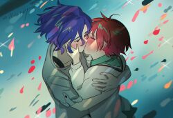 1boy 1girl aki_(neyuki41028) amate_yuzuriha blue_hair blush closed_eyes collared_shirt colored_inner_hair commentary gundam gundam_gquuuuuux hetero hug kiss multicolored_hair necktie purple_hair red_eyes red_hair school_uniform shirt short_hair shuji_ito sweater tearing_up two-tone_hair white_shirt