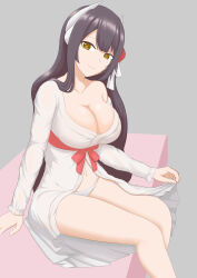 absurdres azur_lane black_hair blunt_bangs bow breasts cleavage hair_ornament hiei_(azur_lane) hiei_(moonlit_cruise)_(azur_lane) highres horns large_breasts long_hair looking_at_viewer nightgown nightgown_lift panties red_bow rice_wine_bell_hiei sitting underwear yellow_eyes