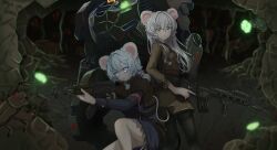 Rule 34 | 1other, 2girls, :o, aiming, animal ear fluff, animal ears, armband, armor, belt, black pantyhose, blue eyes, blush, brown belt, bug, carapace, dress, extra eyes, giant insect, glowing, glowing object, green eyes, gun, hair between eyes, hair intakes, highres, holding, holding gun, holding weapon, kneeling, long hair, long sleeves, looking ahead, looking at viewer, machine gun, mantle, medium hair, military uniform, monster, mouse ears, mouse girl, mouse tail, multiple girls, original, panties, pantyhose, pantyshot, power armor, ratkin (rimworld), red armband, red eyes, rimworld, short dress, sparkle, tail, twintails, underground, underwear, user tpcc5735, weapon, white hair, white panties