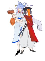 Rule 34 | 2girls, alternate costume, bamboo steamer, steamed bun, black footwear, black hair, blue dress, blue eyes, blue hair, cerevevisiae, china dress, chinese clothes, commentary, dress, duck (food), food, full body, hair between eyes, hair ornament, hair rings, hair stick, hat, highres, jiangshi, kaku seiga, looking at viewer, miyako yoshika, multiple girls, open mouth, pants, peking duck (food), qingdai guanmao, red eyes, red tabard, shirt, shoes, short hair, sidelocks, simple background, smile, tabard, touhou, white background, white pants, white shirt