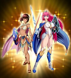 2girls :o absurdres ahoge akuron_(acllon) aria_(sennen_sensou_aigis) assal_(sennen_sensou_aigis) blue_cape blue_eyes boots bracelet breasts brown_eyes brown_hair cape circlet crown gauntlets highres holding holding_shield holding_sword holding_weapon jewelry large_breasts leotard light_smile multiple_girls navel neck_ring pink_hair sandals sennen_sensou_aigis shield short_hair small_breasts sparkle standing sword tan thigh_boots weapon