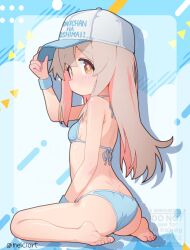 1girl absurdres adjusting_clothes adjusting_headwear artist_name ass barefoot bikini blue_bikini breasts brown_eyes closed_mouth commentary copyright_name feet full_body grey_hair hat hat_writing highres long_hair looking_at_viewer melciort multicolored_hair onii-chan_wa_oshimai! oyama_mahiro peaked_cap pink_hair sitting small_breasts solo swimsuit toes twitter_username two-tone_hair wariza watermark white_hat wristband