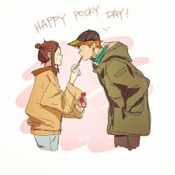 1boy 1girl blue_pants brown_hair brown_pants cap closed_mouth eating food green_sweater hands_in_pockets hands_up hoodie i_love_yoo long_hair looking_at_another non-web_source orange_hair pants pocky pocky_day short_sleeves sweat sweater white_background yellow_hoodie yeong-gi yoo_shin-ae
