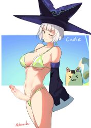 1futa bikini breasts cadie censored detached_sleeves erection futanari green_bikini green_eyes grey_hair hat heart heart_censor highres large_breasts looking_at_viewer nebaneba one_eye_closed pangya penis simple_background solo swimsuit