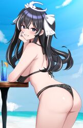 1girl ass black_hair blue_eyes blue_nails blue_sky blush breasts cloud cup day drink drinking_straw hair_ribbon halo hand_on_own_face highres indie_virtual_youtuber large_breasts long_hair multicolored_hair nail_polish outdoors ribbon sky smile solo streaked_hair surippa1010 table thighs two-tone_hair water white_hair white_ribbon yamigafuchi_kaine