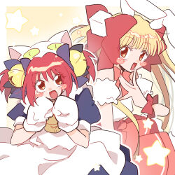 Rule 34 | 2girls, animal ears, animal hat, apron, bell, blonde hair, blue dress, blush stickers, cat hat, commentary request, cosplay, dejiko, dejiko (cosplay), di gi charat, dress, hat, hs1122, jingle bell, long hair, momomiya ichigo, multiple girls, rabbit ears, red eyes, red hair, shirayuki berry, short hair, short twintails, tokyo mew mew, tokyo mew mew a la mode, trait connection, twintails, usada hikaru, usada hikaru (cosplay), white apron