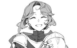 1girl ^_^ armor breastplate closed_eyes facing_viewer gauntlets helmet holding holding_helmet knight marsha_(reverse:1999) mole mole_under_eye open_mouth portrait reverse:1999 short_hair shoulder_armor simple_background solo unworn_headwear unworn_helmet white_background yihan