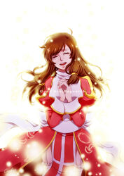 Rule 34 | 1girl, back bow, backlighting, blush, bow, breasts, brown hair, closed eyes, commentary request, cowboy shot, crodire, dress, english text, fingernails, frilled thighhighs, frills, garter straps, goodbye, high priest (ragnarok online), juliet sleeves, long hair, long sleeves, medium breasts, open mouth, own hands together, pelvic curtain, puffy sleeves, ragnarok online, red dress, sash, smile, solo, thighhighs, two-tone dress, white background, white bow, white dress, white sash, white thighhighs, yellow background