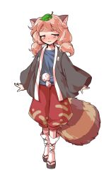 1girl alphes_(style) animal_ears black_kimono black_sandals blue_shirt blush commentary_request dairi full_body japanese_clothes jitome kimono large_variant_set leaf leaf_on_head long_hair long_sleeves looking_at_viewer okobo open_clothes open_kimono parody parted_lips platform_sandals raccoon_ears raccoon_girl raccoon_tail red_shorts sandals shirt shorts smile socks solo standing style_parody tabi tachi-e tail tanuki_mob_(touhou) thick_eyebrows touhou transparent_background variant_set white_socks wide_sleeves