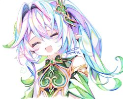 1girl :d ^_^ bare_shoulders blue_hair blush closed_eyes commentary detached_sleeves gem genshin_impact gold_trim green_gemstone green_hair green_sleeves hair_between_eyes multicolored_hair nahida_(genshin_impact) open_mouth pink_hair pointy_ears signature simple_background sleeveless smile solo touka_(pixiv71609120) white_background white_hair
