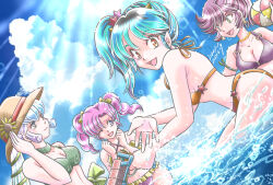 4girls :d ;d aononmi ball bare_arms beachball bead_necklace beads benten_(urusei_yatsura) bikini blue_hair breasts brown_bikini brown_hair brown_hat cleavage closed_mouth cloud collarbone criss-cross_halter day earrings eye_contact flower frilled_bikini frills green_bikini green_eyes green_ribbon grey_eyes hair_ornament hair_over_one_eye hair_ribbon halterneck hat hat_flower highres holding holding_water_gun horns jewelry looking_at_another looking_at_viewer lum medium_breasts multicolored_hair multiple_girls necklace ocean one_eye_closed open_mouth orange_eyes outdoors oyuki_(urusei_yatsura) pink_hair ponytail ran_(urusei_yatsura) ribbon side_ponytail smile splashing star_(symbol) star_hair_ornament straw_hat summer sunflower sunlight swept_bangs swimsuit twintails urusei_yatsura water_gun white_hair yellow_flower