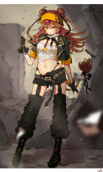 1girl absurdres badge bandaged_arm bandages bandana bandana_around_neck belt black_boots black_gloves black_jacket black_shorts blush boots breasts brown_hair button_badge cleavage closed_mouth crop_top detached_leggings double_bun fingerless_gloves full_body gloves hair_bun high_heels highres idenshi_hina jacket lion_tail long_hair looking_at_viewer maid_headdress midriff navel open_clothes open_jacket re:act ribbon shadow shirt shishigami_leona short_shorts shorts signature small_breasts solo standing tail tail_ornament tail_ribbon tongue tongue_out virtual_youtuber white_shirt yellow_eyes
