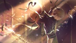 1boy black_gloves blurry chromatic_aberration closed_mouth colorful_palette depth_of_field game_cg gloves grey_pants grey_shirt highres kimi_ga_shuyaku_no_monogatari_wo_(project_sekai) long_sleeves looking_down male_focus official_art orange_hair pants profile project_sekai puffy_long_sleeves puffy_sleeves red_eyes shirt single_glove smile solo streamers third-party_source