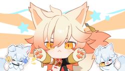 2boys animal_ears animal_hands black_coat blonde_hair chest_tattoo chinese_commentary coat commentary_request dog_boy dog_ears dog_tail earrings floating_earrings food glowstick gold_earrings gold_necklace gradient_hair highres holding holding_plate honkai:_star_rail honkai_(series) jewelry male_focus medium_hair multicolored_hair multiple_boys mydei_(honkai:_star_rail) necklace open_clothes open_coat pancake pancake_stack phainon_(honkai:_star_rail) plate red_hair suirandanshihao tail tattoo yellow_eyes