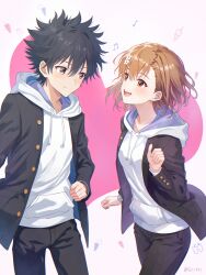1boy 1girl :d asymmetrical_bangs black_eyes black_hair black_jacket black_pants brown_eyes brown_hair closed_mouth commentary commentary_request english_commentary eritri eye_contact gekota gekota_(character) hair_ornament hairpin heart heart_background highres hood hood_down hoodie jacket kamijou_touma looking_at_another matching_outfits misaka_mikoto mixed-language_commentary open_mouth pants revision short_hair smile spiked_hair toaru_majutsu_no_index toaru_majutsu_no_index:_new_testament white_hoodie