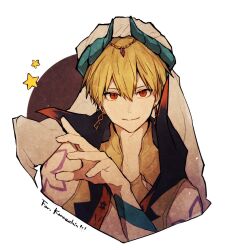 1boy arm_up blonde_hair blue_horns closed_mouth commentary_request cropped_torso double-parted_bangs earrings fate/grand_order fate_(series) gem gilgamesh gilgamesh_(caster)_(fate) gilgamesh_(fate) horns jewelry looking_at_viewer male_focus multiple_tattoos piercing purple_gemstone red_eyes ryo_(piggerworld) short_hair shoulder_tattoo simple_background smile star_(symbol) tattoo turban white_background white_turban