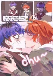 Rule 34 | 2boys, 3koma, ahoge, babykatafan, black hair, blue eyes, blue hair, blush, collar, comic, english text, eyepatch, highres, kiss, male focus, multicolored hair, multiple boys, omokage yugamu, one eye covered, open mouth, pink background, polka dot, polka dot background, red hair, simple background, sound effects, sumino takumi, teeth, the hundred line -last defense academy-, yaoi
