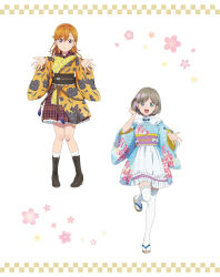 2girls artbook blue_eyes boots full_body grey_hair highres japanese_clothes kimono long_hair looking_at_viewer love_live! love_live!_superstar!! multiple_girls non-web_source obi official_art orange_hair purple_eyes sash shibuya_kanon smile tang_keke thighhighs