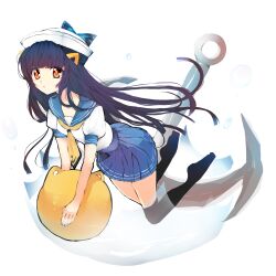 1girl anchor black_hair black_thighhighs blue_sailor_collar blue_skirt blunt_bangs commentary_request draw2_(milkcrown) full_body hat highres long_hair looking_at_viewer neckerchief no_shoes open_mouth orange_hair original pleated_skirt sailor_collar sailor_hat school_uniform serafuku shirt simple_background skirt solo thighhighs white_background white_hat white_shirt yellow_neckerchief