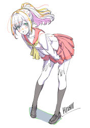 Rule 34 | 1girl, :d, amaori haruna, artist name, black shoes, black socks, blush, commentary request, floating hair, full body, hands on own thighs, highres, ishii hisao, kneehighs, leaning forward, loafers, long sleeves, looking at viewer, neckerchief, open mouth, partially colored, pink hair, pleated skirt, ponytail, red sailor collar, sailor collar, school uniform, serafuku, shirt, shoes, signature, simple background, skirt, smile, socks, solo, standing, watashi ga koibito ni nareru wake naijan murimuri!, white background, white shirt, yellow neckerchief