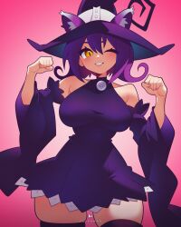 1girl animal_ears bare_shoulders black_thighhighs blair_(soul_eater) blush breasts cat_ears cat_girl cowboy_shot curly_hair detached_sleeves dot_nose dress eyebrows eyelashes female_focus flipherrrr gradient_background grin hands_up hat highres large_breasts looking_at_viewer medium_hair one_eye_closed paw_pose pink_background purple_dress purple_hair purple_hat purple_sleeves simple_background sleeveless sleeveless_dress slit_pupils smile solo soul_eater standing teeth thick_thighs thighhighs thighs wide_sleeves witch_hat yellow_eyes