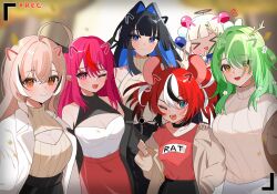 &gt;_&lt; 6+girls :3 :d ahoge alternate_costume animal_ears autumn black_choker black_hair black_skirt blonde_hair blue_eyes blue_hair blurry blurry_background braid braided_bangs brown_coat casual ceres_fauna chibi choker cleavage_cutout clothing_cutout coat colored_inner_hair commentary detached_sleeves drawn_ears english_commentary english_text falling_leaves flower green_hair hair_flower hair_intakes hair_ornament hair_over_one_eye hakos_baelz halterneck hana20000920 highres holocouncil hololive hololive_english irys_(hololive) leaf limiter_(tsukumo_sana) looking_at_viewer mole mole_under_eye mouse_ears multicolored_hair multiple_girls nanashi_mumei notice_lines one_eye_closed open_mouth ouro_kronii planet_hair_ornament purple_eyes purple_hair red_shirt red_skirt shirt skirt smile streaked_hair streetwear sweater teeth tsukumo_sana turtleneck turtleneck_sweater twintails upper_teeth_only viewfinder virtual_youtuber white_coat white_hair white_skirt yellow_eyes