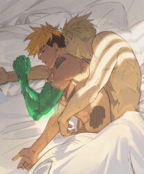 2boys arm_around_waist bed_sheet blonde_hair brothers citronplanet cuddling earrings highres incest jewelry light_rays lying male_focus mechanical_arms millions_knives multiple_boys nude on_side pillow scar scars_all_over siblings single_earring single_mechanical_arm sketch sleeping too_many trigun trigun_stampede twins under_covers undercut vash_the_stampede yaoi