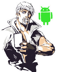 Rule 34 | 1boy, android (os), facial hair, holding, holding phone, jojo no kimyou na bouken, looking at viewer, mustache, nobita (makoto7060355), open clothes, phone, purple eyes, ringo roadagain, simple background, solo, steel ball run, thick mustache, upper body, white background, white hair