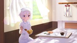 1girl bed bedroom bowl buttons closed_mouth clothes_hanger collared_dress curtains double-breasted dress food food_request game_cg grey_hair hat holding holding_bowl holding_spoon incoming_food indoors itomi_sayaka long_sleeves looking_at_viewer minoseki_gakuin_uniform nurse nurse_cap official_art purple_eyes red_sailor_collar rice sailor_collar shirt short_hair short_sleeves sitting smile solo spoon table toji_no_miko toji_no_miko:_kizamishi_issen_no_tomoshibi white_dress white_hat white_shirt window winter_uniform