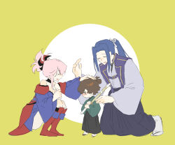 1girl 2boys aged_down black_hakama blue_hair blue_kimono brown_hair closed_eyes crying crying_with_eyes_open fate/grand_order fate/samurai_remnant fate/stay_night fate_(series) fe20o3 green_eyes green_kimono hakama headpat highres japanese_clothes kimono miyamoto_iori_(fate) miyamoto_musashi_(fate) multiple_boys parted_bangs pink_hair ponytail purple_kimono sasaki_kojirou_(fate) shinai short_kimono simple_background smile sword tears weapon