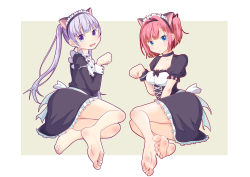 2girls animal_ears barefoot blue_eyes blush breasts cat_ears collarbone feet highres leafar looking_at_viewer maid maid_headdress medium_breasts mochizuki_momiji multiple_girls new_game! open_mouth paw_pose purple_eyes purple_hair red_hair simple_background sitting small_breasts soles suzukaze_aoba toes twintails white_background