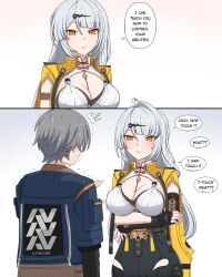 1boy 1girl 2koma ^^^ absurdres asymmetrical_gloves black_gloves blush breasts cleavage clothing_request comic crossed_arms elbow_gloves english_text fingerless_gloves gloves grey_hair hair_ornament highres large_breasts long_hair mole mole_on_breast na_(naneesan1) nervous orange_hair parted_lips short_hair simple_background smile speech_bubble sweat trembling uneven_gloves white_background wise_(zenless_zone_zero) yi_xuan_(zenless_zone_zero) yin_yang zenless_zone_zero