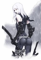 Rule 34 | 1girl, armor, ass, bare shoulders, female focus, flat chest, fog, fortmaster cleska, from behind, gauntlets, ishinarimaru shouten, long hair, looking back, mask, open mouth, pale skin, pixiv fantasia, pixiv fantasia 5, polearm, solo, sword, weapon, white hair, yellow eyes