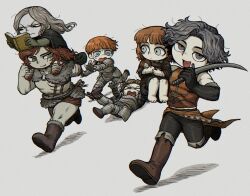 &gt;_&lt; 2girls 4boys amputee aqua_eyes armor bandaged_arm bandaged_leg bandages barbarian bare_shoulders barefoot black_dress black_eyes black_gloves black_hair black_pants black_robe blue_eyes book boots brown_boots brown_hair cahara_(fear_&amp;_hunger) carrying carrying_person child closed_mouth d&#039;arce_(fear_&amp;_hunger) deformed doll dot_mouth double_amputee dress elbow_gloves enki_(fear_&amp;_hunger) fear_&amp;_hunger_(series) fear_&amp;_hunger_1 fingerless_gloves fold-over_boots fold-over_gloves fur-trimmed_boots fur_trim gloves green_eyes hashtag-only_commentary holding holding_book holding_doll holding_sword holding_weapon knee_boots knight le&#039;garde_(fear_&amp;_hunger) leather_armor legless_amputee long_hair looking_at_another looking_at_viewer lying medium_hair multiple_boys multiple_girls o-ring on_back open_book open_mouth orange_hair pants pauldrons ragnvaldr_(fear_&amp;_hunger) reading red_hair robe running scar scar_on_arm short_hair shoulder_armor shoulder_carry sleeveless sm2_hokke smile sweat sword tearing_up the_girl_(fear_&amp;_hunger) weapon