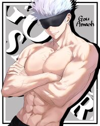 1boy abs absurdres amaoh_lv50 artist_name biceps black_pants blindfold closed_mouth collarbone facing_viewer gojou_satoru highres jujutsu_kaisen large_pectorals male_focus muscular muscular_male navel pants pectorals short_hair smile solo topless_male upper_body veins veiny_arms veiny_neck white_hair