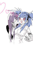 2girls @_@ amemiya_darumi black_hair black_jacket blue_hair blush closed_eyes glasses heart highres jacket jewelry kiss kissing_cheek lazychaidui long_hair multicolored_hair multiple_girls necklace pink_eyes purple_hair saliva shirt shizuhara_hiruko the_hundred_line_-last_defense_academy- twintails white_background white_shirt yuri