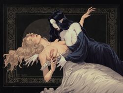 Rule 34 | 2girls, black background, black dress, black hair, blonde hair, blood, blood from mouth, blood on breasts, breasts, carmilla (novel), carmilla (novel) (character), cleavage, clothes pull, commentary, dress, dress pull, english commentary, large breasts, long hair, multiple girls, mynqzo, nipples, off shoulder, pointy ears, vampire, white dress, yuri