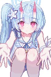 Rule 34 | 1girl, bikini, blue archive, blue hair, chise (blue archive), halo, horns, long hair, looking at viewer, pixel art, side ponytail, simple background, solo, swimsuit, tinia etru, white background