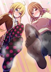 2girls ahoge black_shorts black_skirt black_socks blonde_hair blue_eyes blush brown_hair brown_jacket closed_mouth dark_gathering embarrassed houzuki_eiko jacket kamiyo_ai long_hair looking_down multiple_girls open_mouth red_eyes school_uniform shirt shorts skirt socks star-shaped_pupils star_(symbol) symbol-shaped_pupils very_long_hair white_shirt