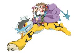 1boy 1girl bad_id bad_twitter_id baseball_cap blue_eyes brown_eyes brown_hair chinese_zodiac gen_2_pokemon hat hilbert_(pokemon) hilda_(pokemon) legendary_pokemon looking_at_viewer nintendo nyagiratwist open_mouth pokemon pokemon_(creature) pokemon_bw raikou riding riding_pokemon simple_background white_background year_of_the_tiger